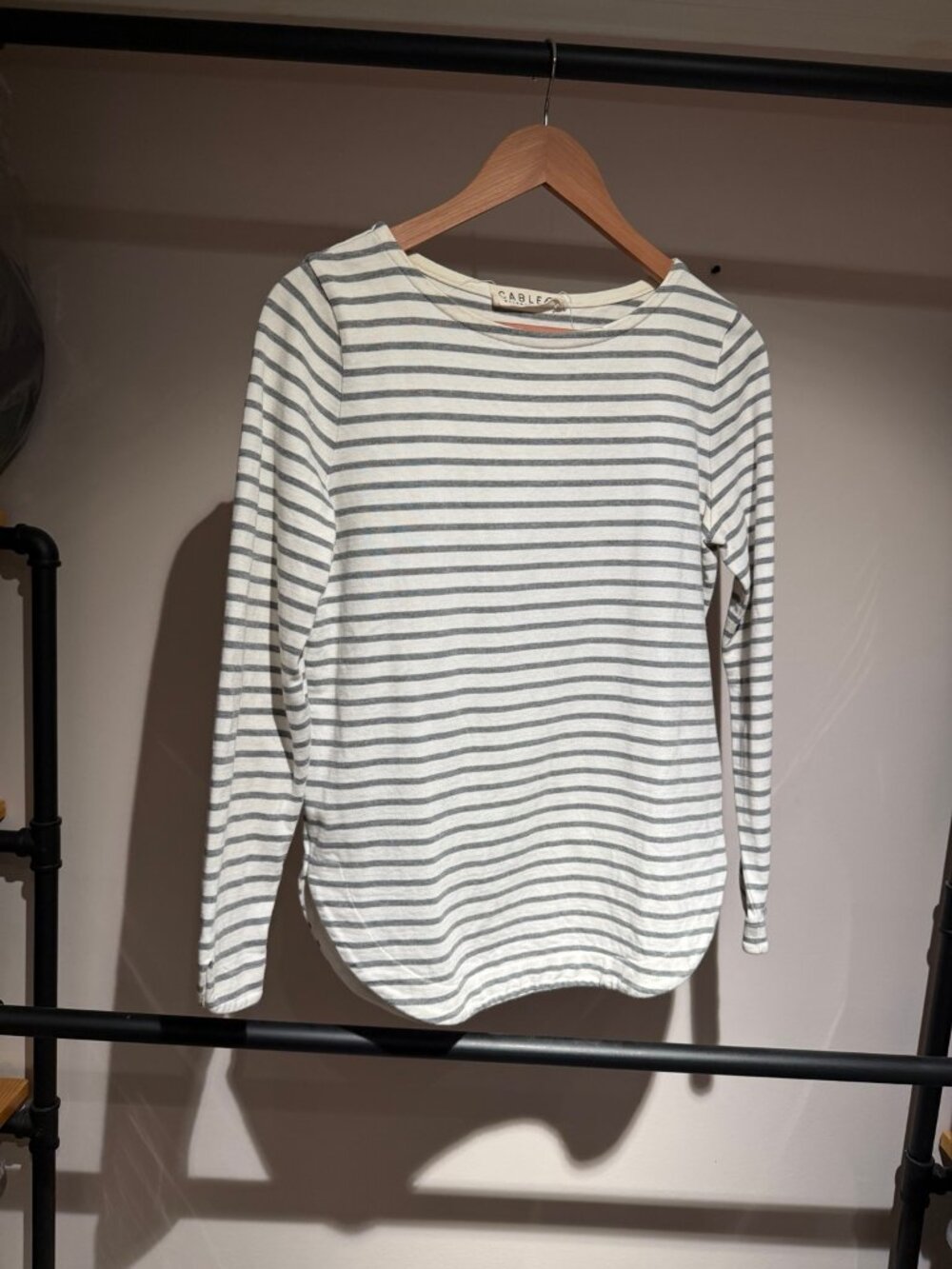 Cable Melbourne Grey White Stripe Boat Neck Cotton Top XS